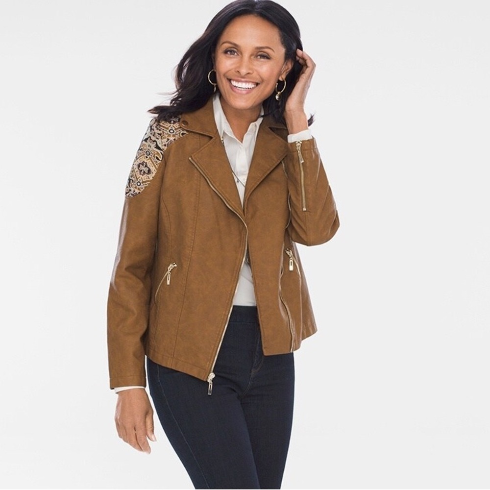 Chico’s Faux-Leather Jacquard Moto Jacket bohemian western rodeo size small - Picture 4 of 13